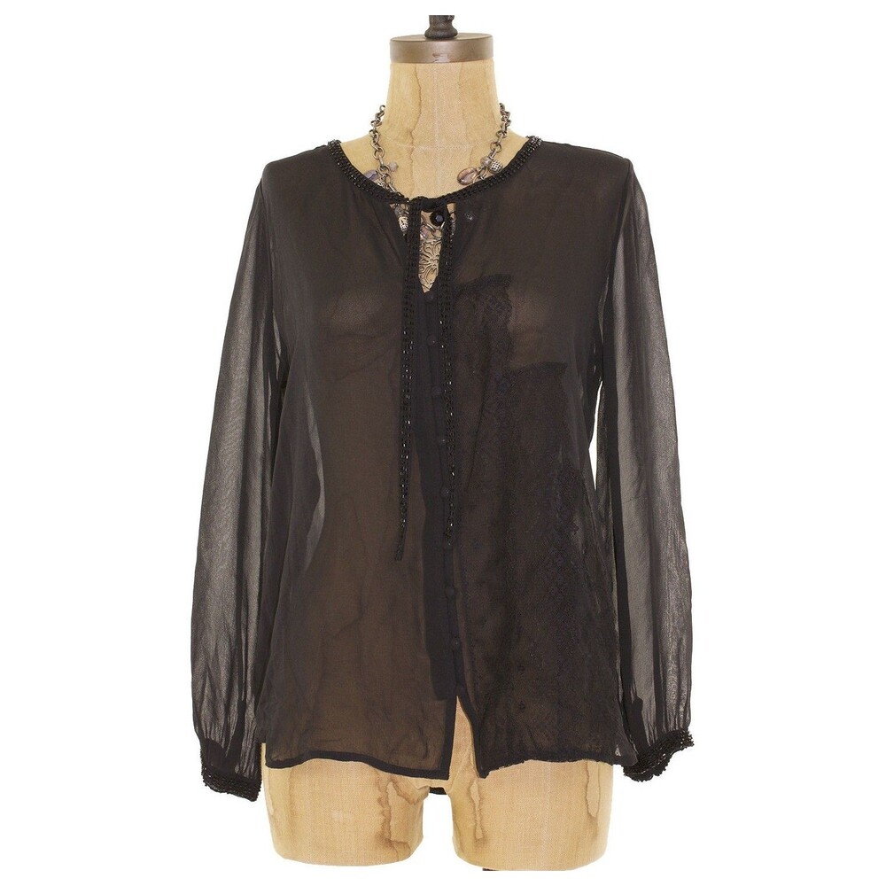Joie Denise Silk Sheer Blouse Top XS Black Beaded Tassels Layer $298 B21